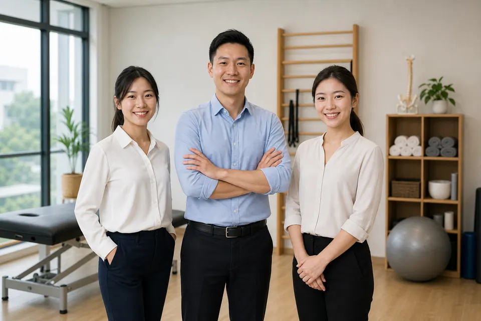 Three Chinese Malaysian physiotherapy professionals in a clinic
