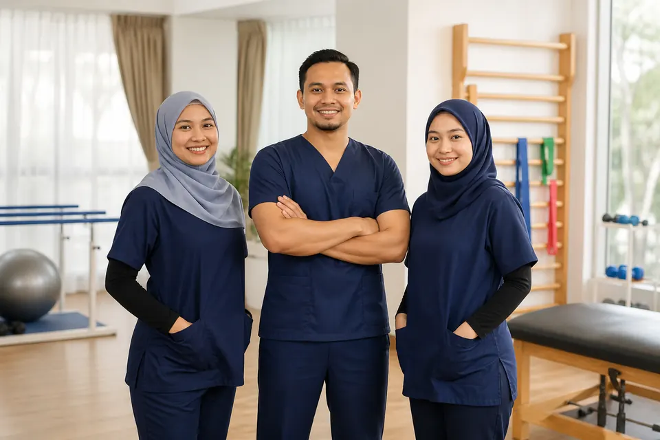 Tiga profesional fisioterapi Melayu di sebuah klinik