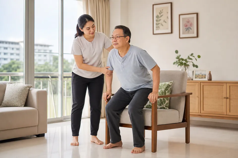Chinese Malaysian physiotherapist supporting an older man during a home visit