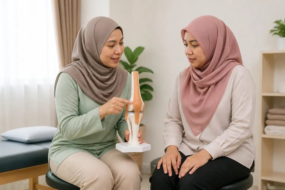 Ahli fisioterapi Melayu menerangkan anatomi lutut kepada seorang pesakit