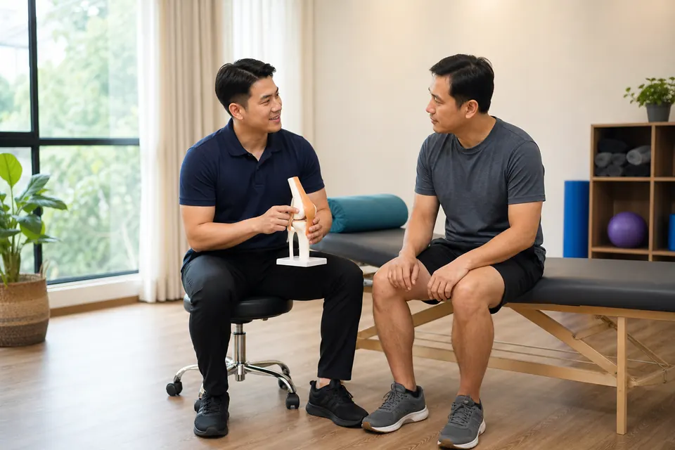 Physiotherapist explaining knee anatomy to an adult patient