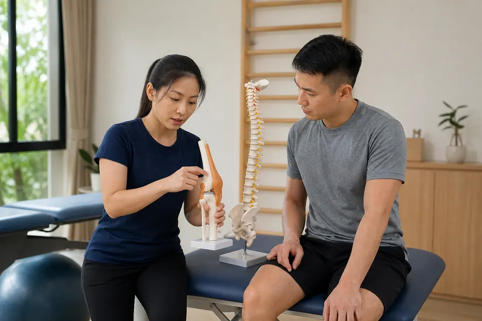 Chinese Malaysian physiotherapist comparing knee and spine models