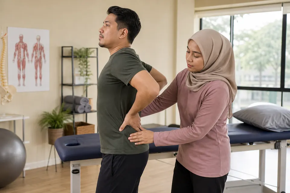 Ahli fisioterapi Melayu menilai pergerakan bahagian bawah belakang seorang pesakit