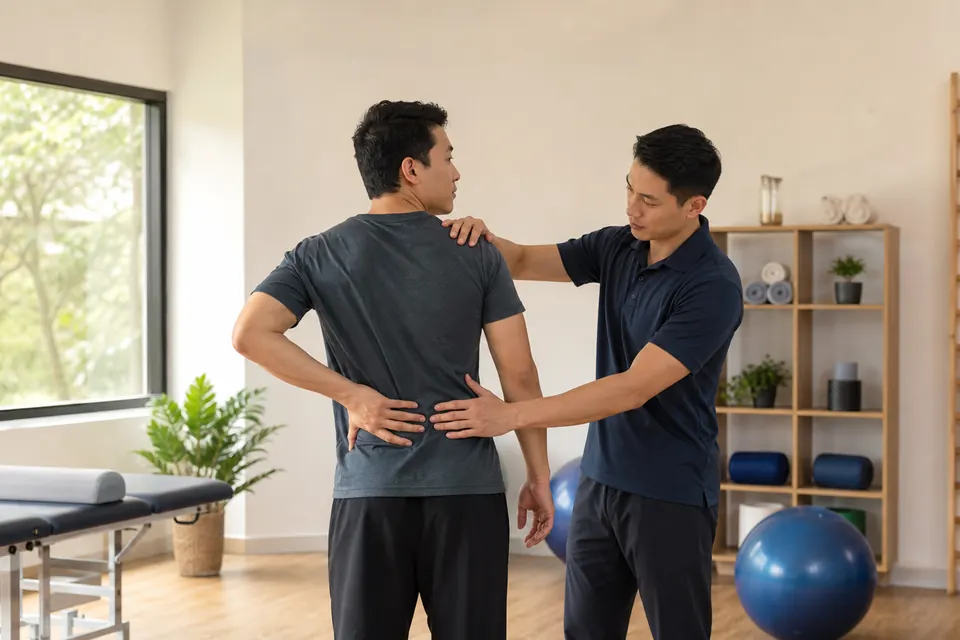 Physiotherapist assessing lower-back movement with an adult patient