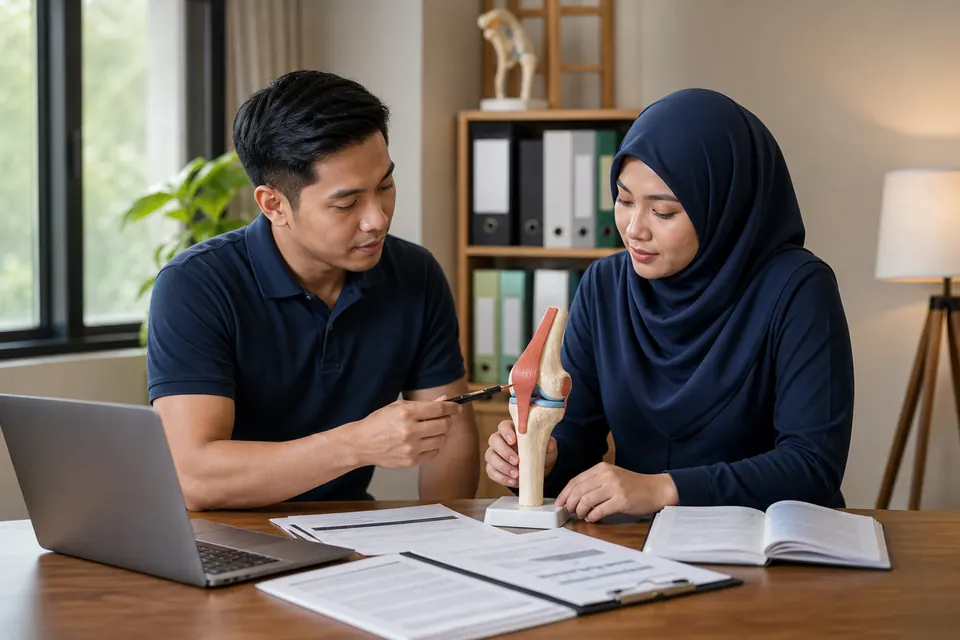 Profesional klinikal menyemak bukti bersama model anatomi