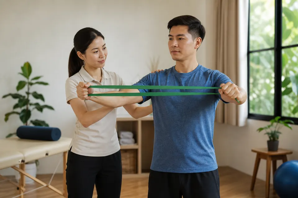 Chinese Malaysian physiotherapist guiding a resistance-band exercise
