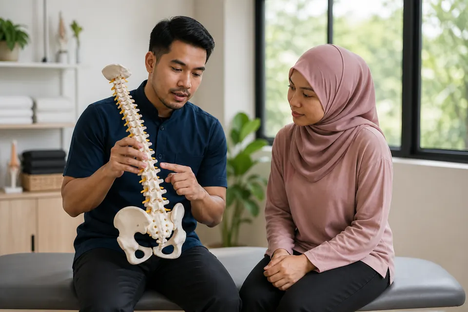 Ahli fisioterapi Melayu menerangkan model tulang belakang kepada seorang pesakit