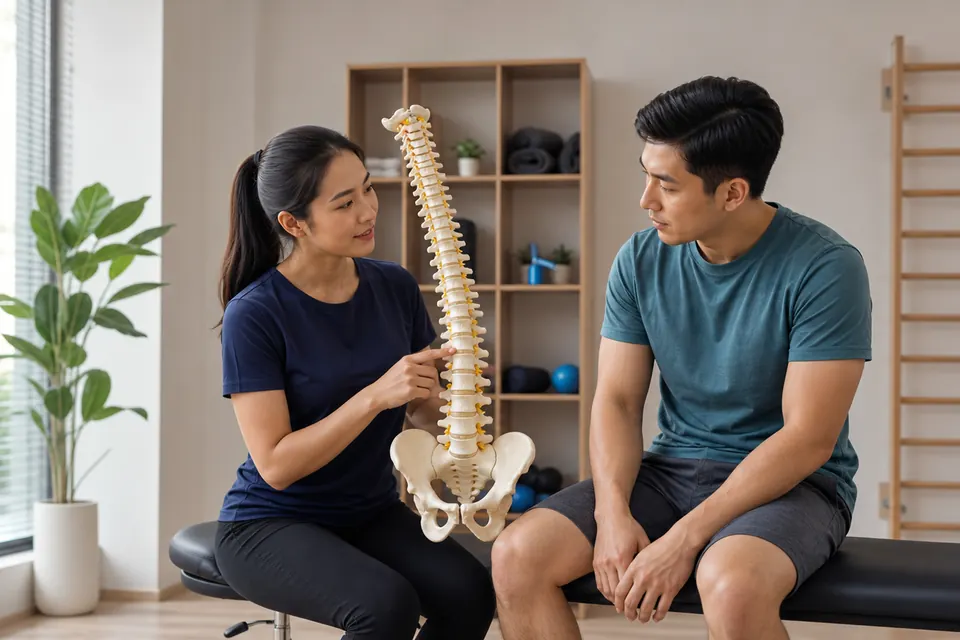 Physiotherapist explaining a spine model to an adult patient