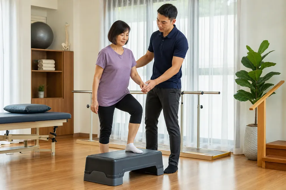 Chinese Malaysian physiotherapist guiding a woman through a controlled step exercise