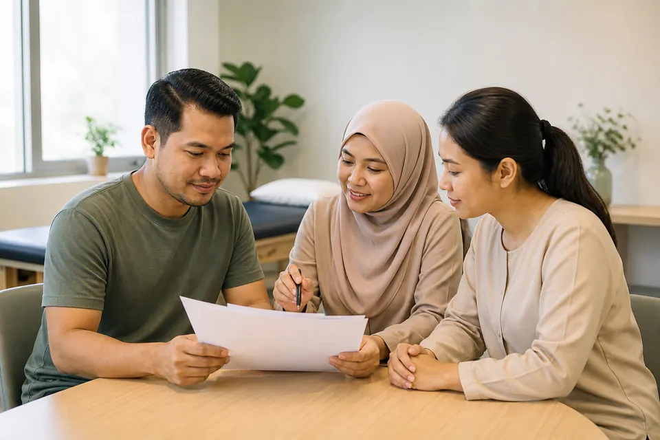 Pesakit Melayu menyemak dokumen perlindungan bersama kakitangan klinik