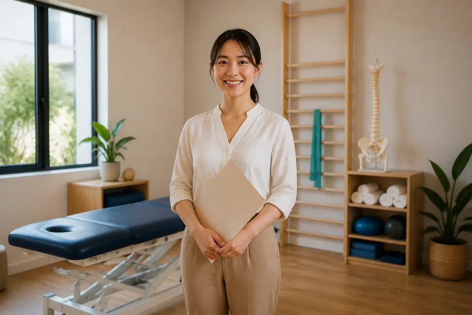 Chinese Malaysian physiotherapist in a modern treatment room