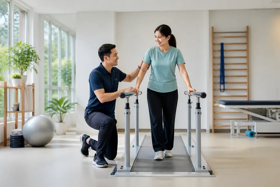 Physiotherapist supporting a patient during guided walking practice