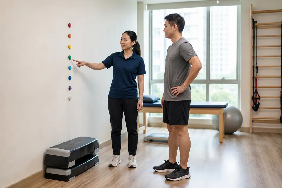Chinese Malaysian physiotherapist reviewing physical progress markers with a patient