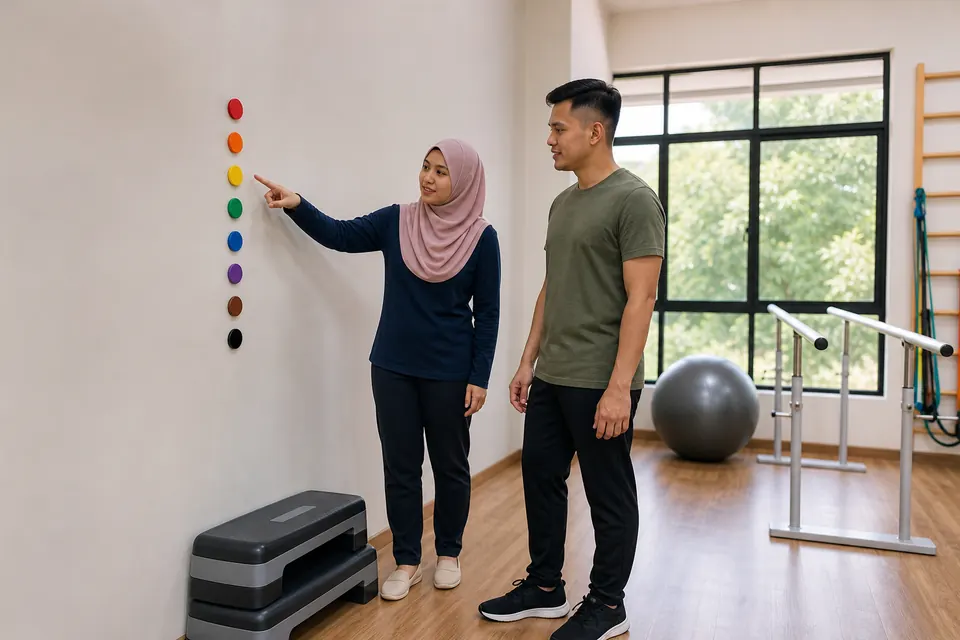 Ahli fisioterapi Melayu menyemak penanda kemajuan fizikal bersama seorang pesakit