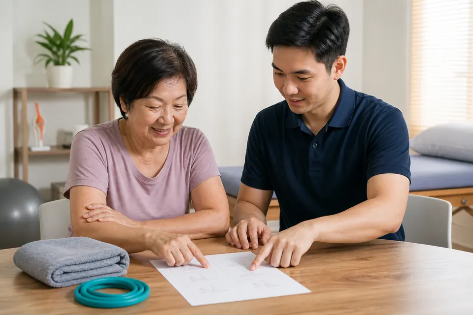 Chinese Malaysian physiotherapist reviewing a home-exercise checklist with an older woman