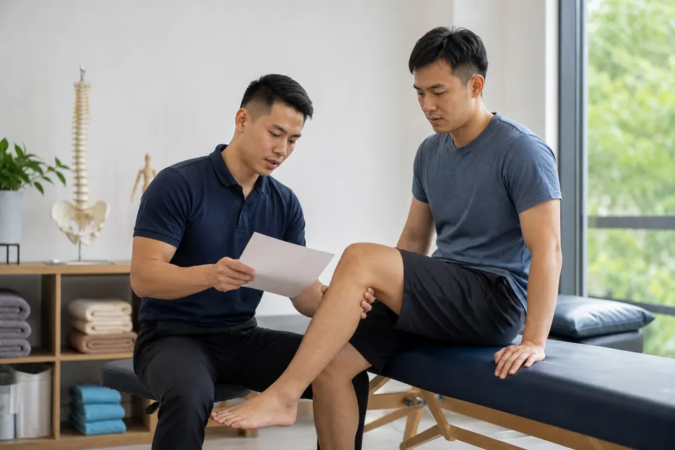 Chinese Malaysian physiotherapist assessing a patient’s knee movement
