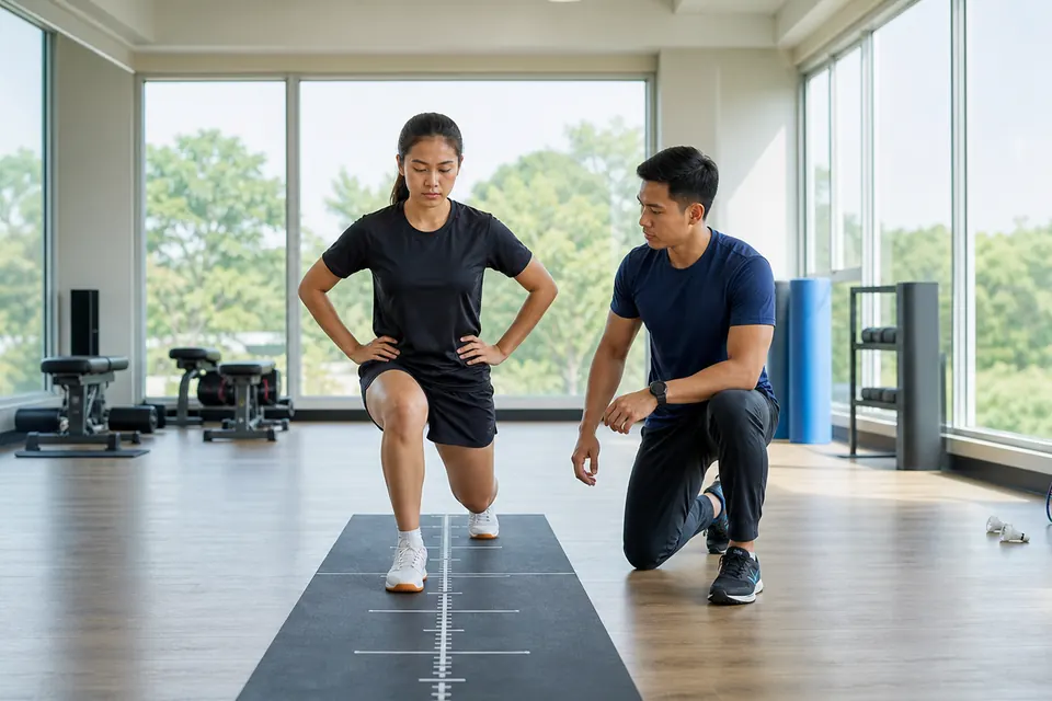 Badminton player completing a functional movement assessment